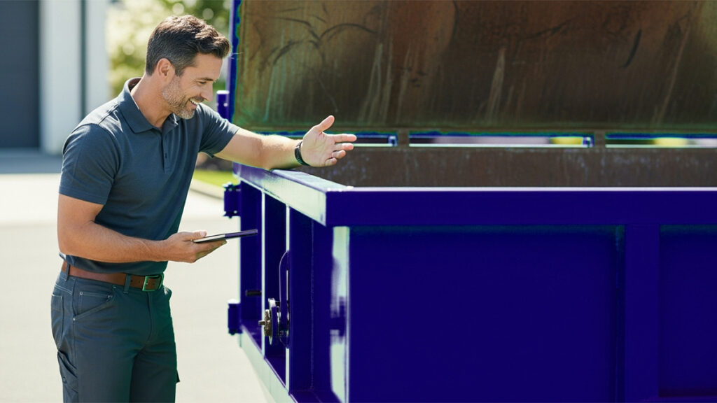 A dumpster rental business owner inspecting a dumpster