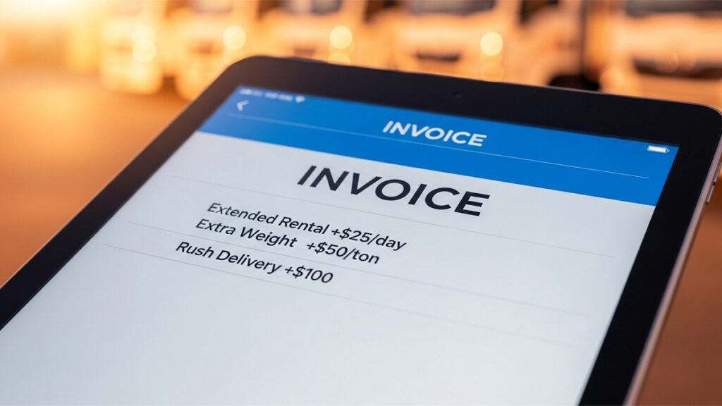 A tablet displaying an invoice with dumpster rental add-on services