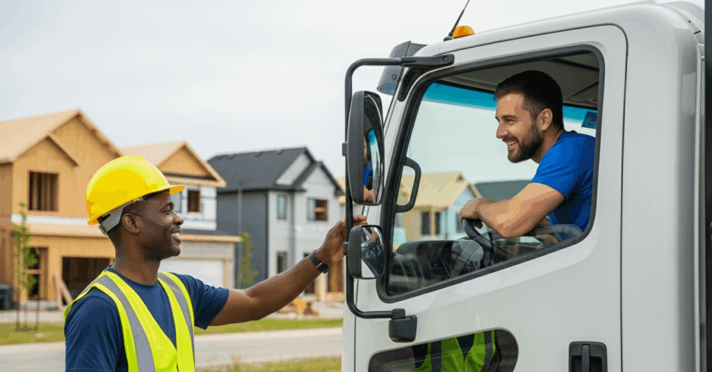 Dumpster rental business owner and contractor talking