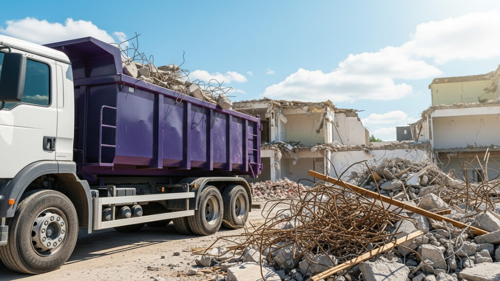 Dumpsters loaded with debris at a demolition site