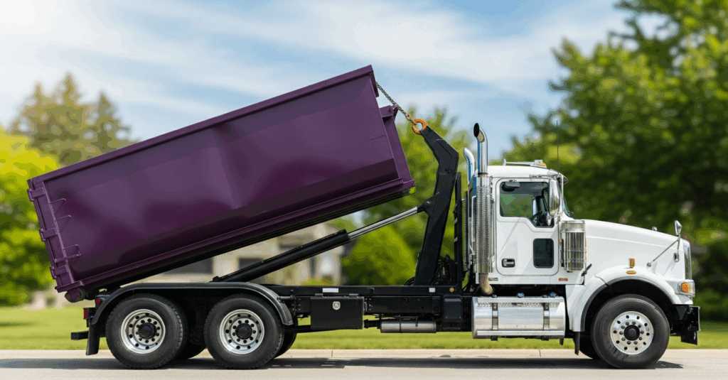 A dumpster being rolled off of a truck