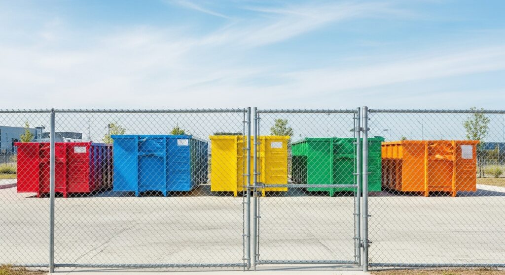 Roll-off dumpsters stored behind a secured gate in a storage lot