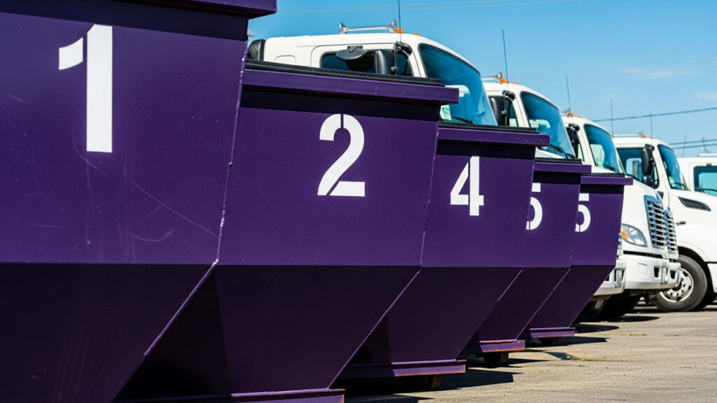 A fleet of dumpsters in a lot