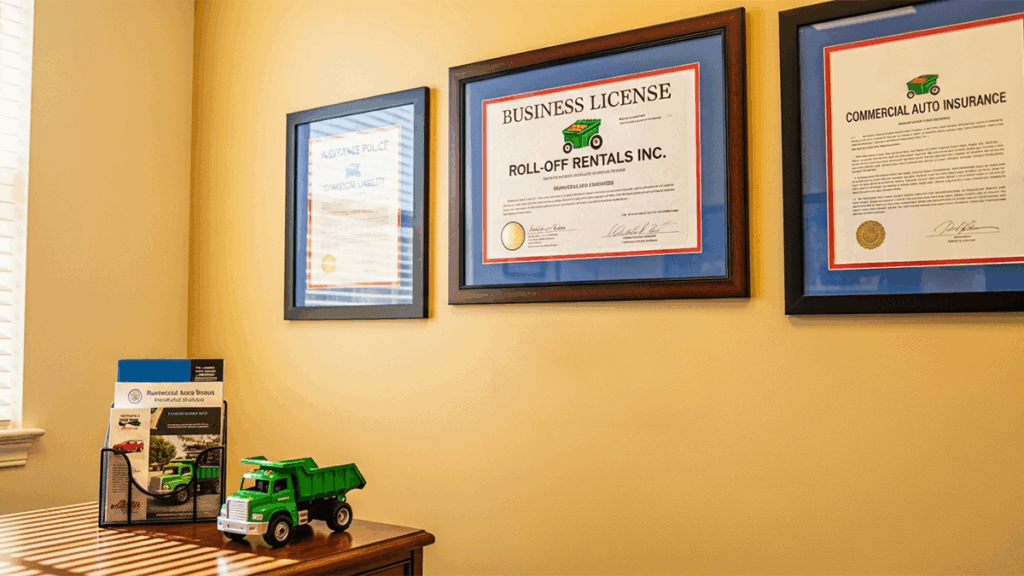 Framed permits for dumpster rental business hanging on wall