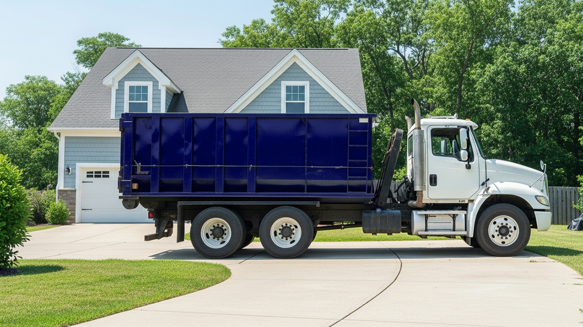 Dumpster being dropped off in a driveway