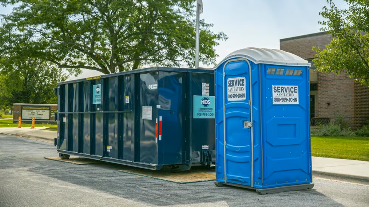 Dumpster-Portapotty-rental-together - Dumpster Rental Systems add-ons for dumpster rental driveway protection portable toilet