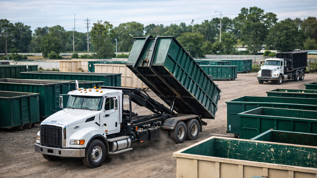 A truck unloading an empty dumpster at a storage lot