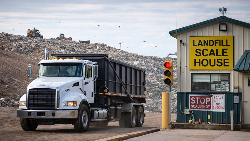A truck with a dumpster at the landfill