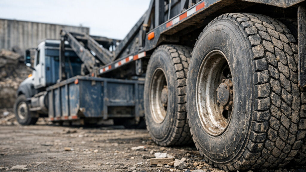 Worn truck tires on a truck